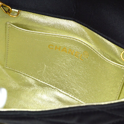 CHANEL 1990's Black Satin Diagonal Crystal & Gold CC Evening Bag