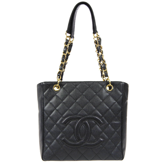 CHANEL Petite Shopping Tote PST Chain Hand Tote Bag Black Caviar