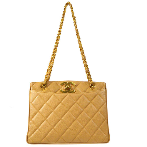 CHANEL Chain Shoulder Tote Bag Beige Caviar