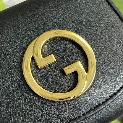 Gucci BLONDIE INTERLOCK MINI SHOULDER BAG 12 IN BLACK CALFSKIN GOLD CHAIN