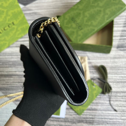 Gucci BLONDIE INTERLOCK MINI SHOULDER BAG 12 IN BLACK CALFSKIN GOLD CHAIN