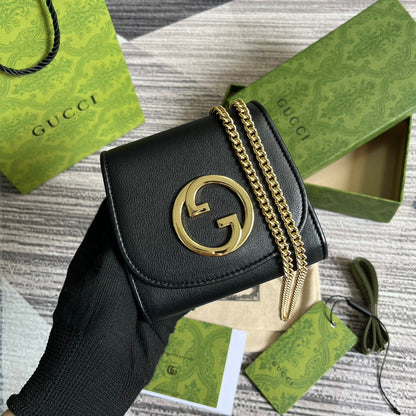 Gucci BLONDIE INTERLOCK MINI SHOULDER BAG 12 IN BLACK CALFSKIN GOLD CHAIN