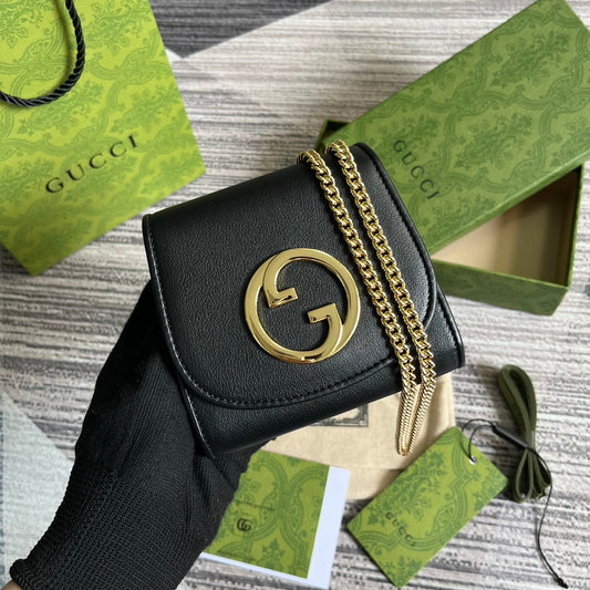 Gucci BLONDIE INTERLOCK MINI SHOULDER BAG 12 IN BLACK CALFSKIN GOLD CHAIN