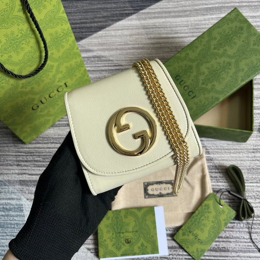 Gucci BLONDIE INTERLOCK MINI SHOULDER BAG 12 IN WHITE CALFSKIN GOLD CHAIN