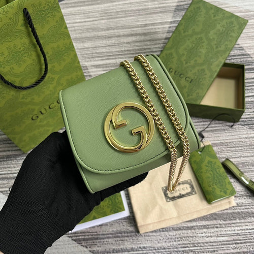 Gucci BLONDIE INTERLOCK MINI SHOULDER BAG 12 IN GREEN CALFSKIN GOLD CHAIN
