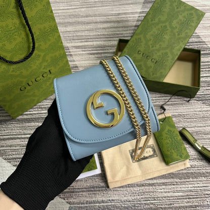 Gucci BLONDIE INTERLOCK MINI SHOULDER BAG 12 IN SKY BLUE CALFSKIN GOLD CHAIN