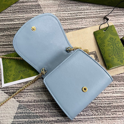 Gucci BLONDIE INTERLOCK MINI SHOULDER BAG 12 IN SKY BLUE CALFSKIN GOLD CHAIN