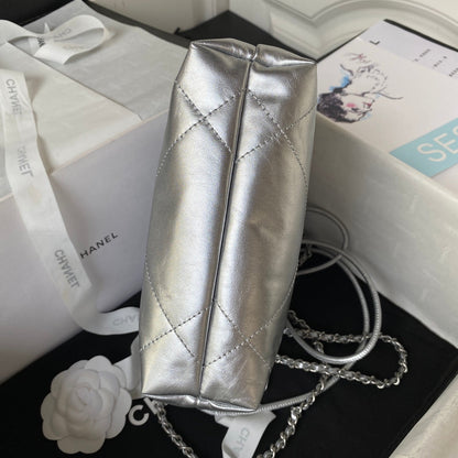 CHANEL 24S Hobo 22 Bag 20cm Silver Metalic Lambskin