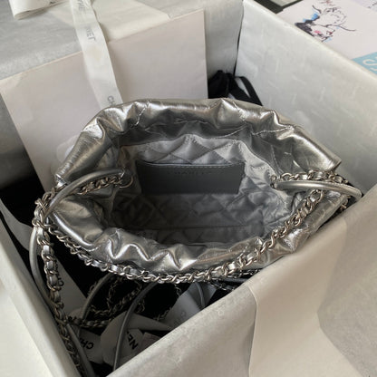 CHANEL 24S Hobo 22 Bag 20cm Silver Metalic Lambskin
