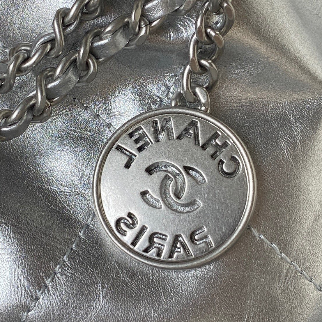 CHANEL 24S Hobo 22 Bag 20cm Silver Metalic Lambskin