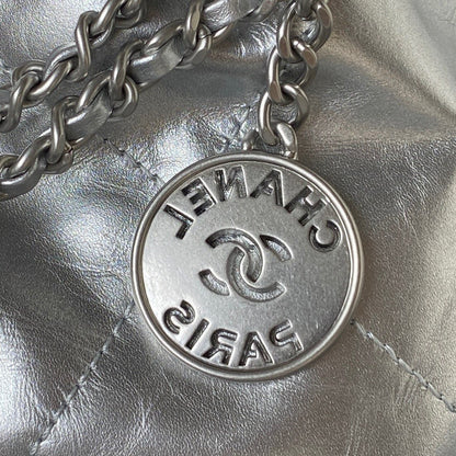 CHANEL 24S Hobo 22 Bag 20cm Silver Metalic Lambskin