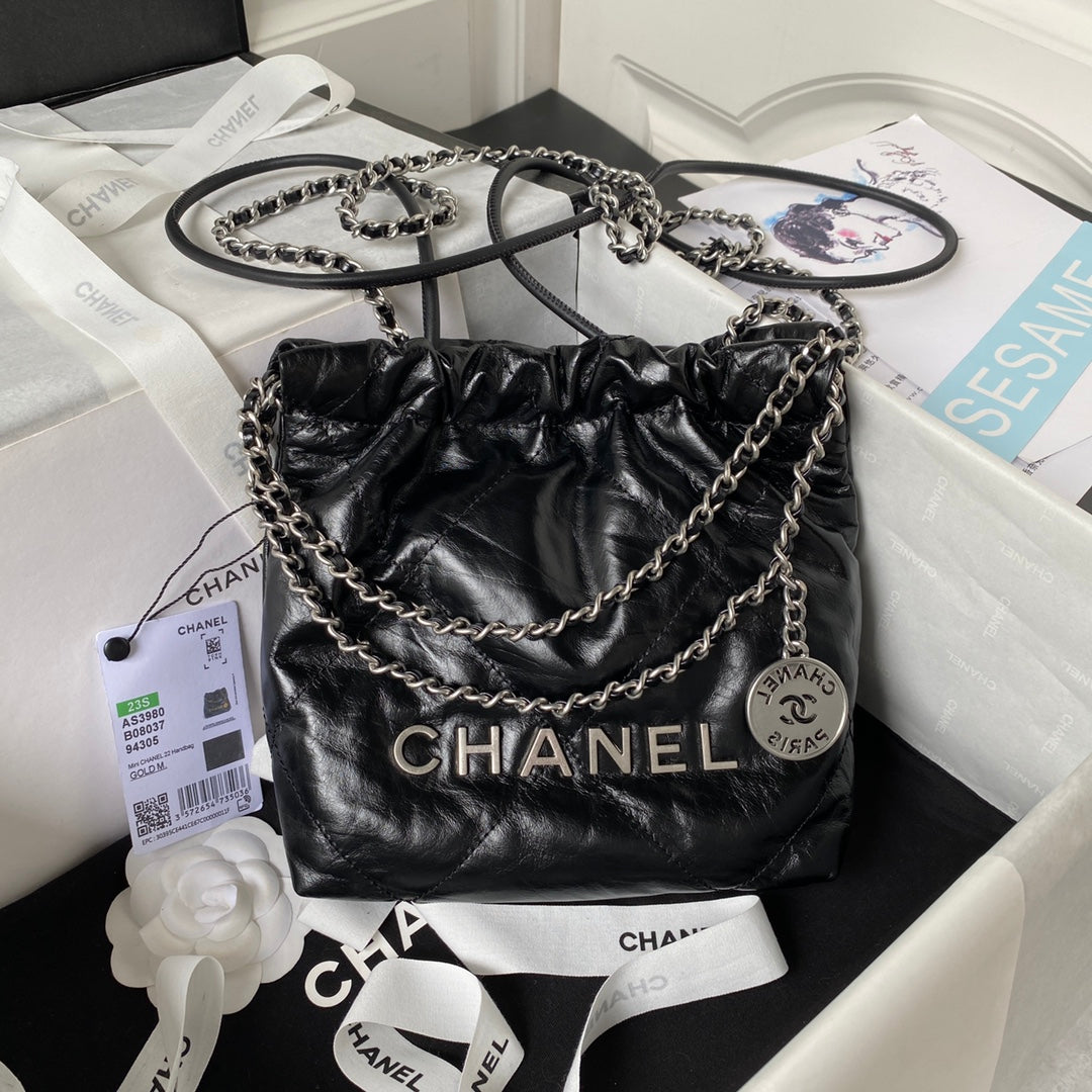 CHANEL 24S Hobo 22 Bag 20cm Black Aged Lambskin