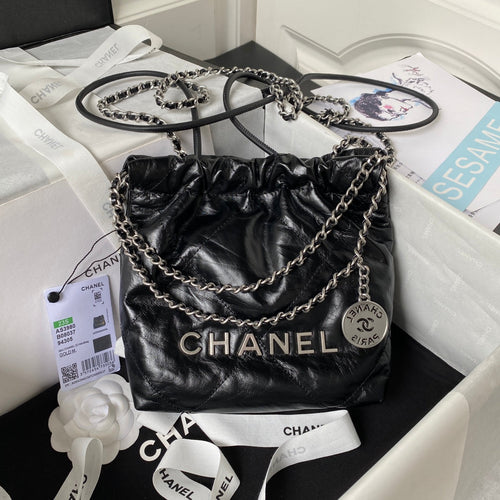 CHANEL 24S Hobo 22 Bag 20cm Black Aged Lambskin