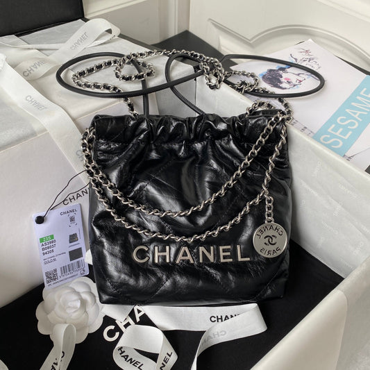 CHANEL 24S Hobo 22 Bag 20cm Black Aged Lambskin