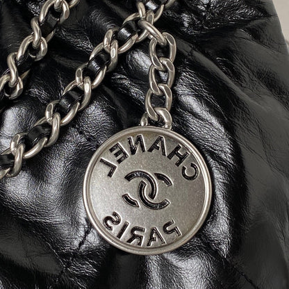 CHANEL 24S Hobo 22 Bag 20cm Black Aged Lambskin