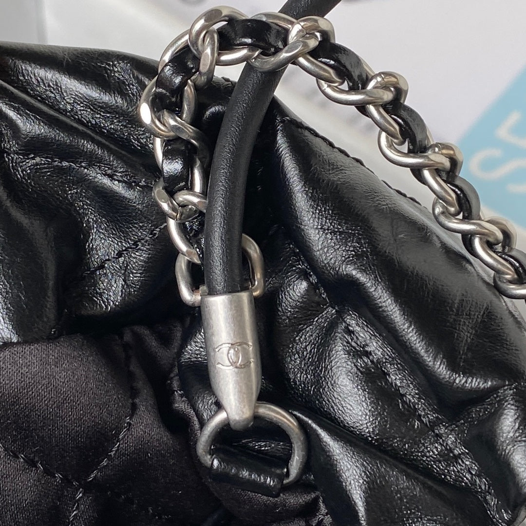 CHANEL 24S Hobo 22 Bag 20cm Black Aged Lambskin