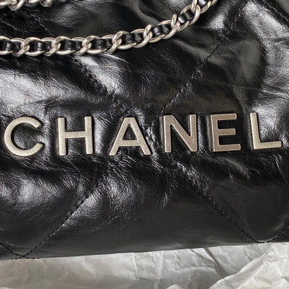 CHANEL 24S Hobo 22 Bag 20cm Black Aged Lambskin