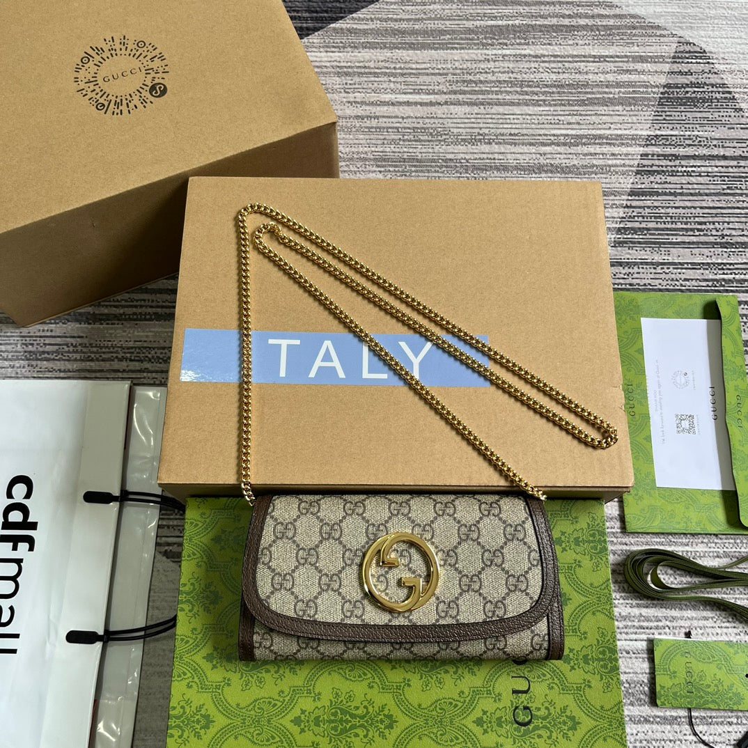 Gucci BLONDIE SHOULDER BAG 21 IN BEIGE MONOGRAM CANVAS AND DARK BROWN CALFSKIN TRIM GOLD HARDWARE