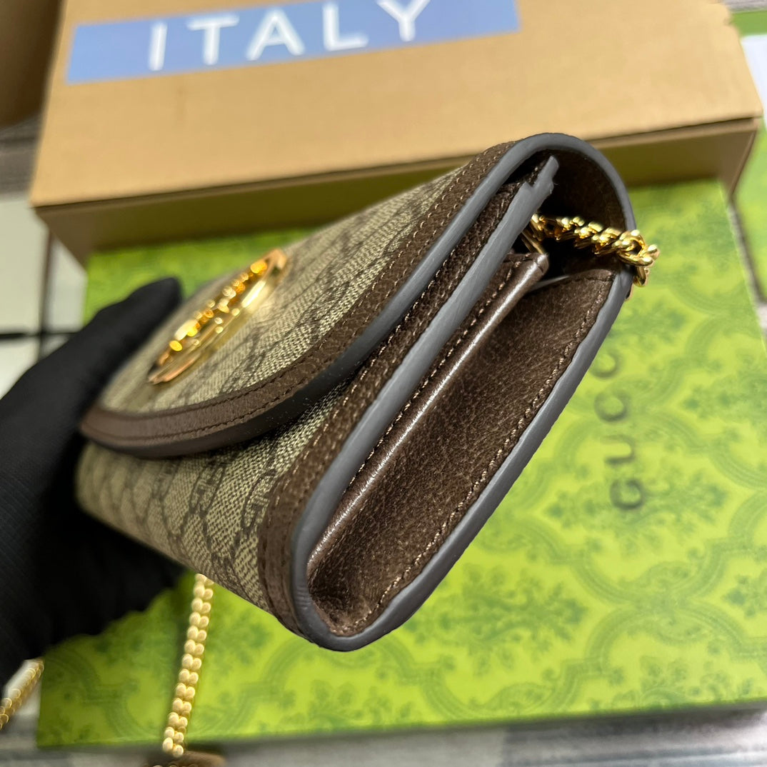 Gucci BLONDIE SHOULDER BAG 21 IN BEIGE MONOGRAM CANVAS AND DARK BROWN CALFSKIN TRIM GOLD HARDWARE
