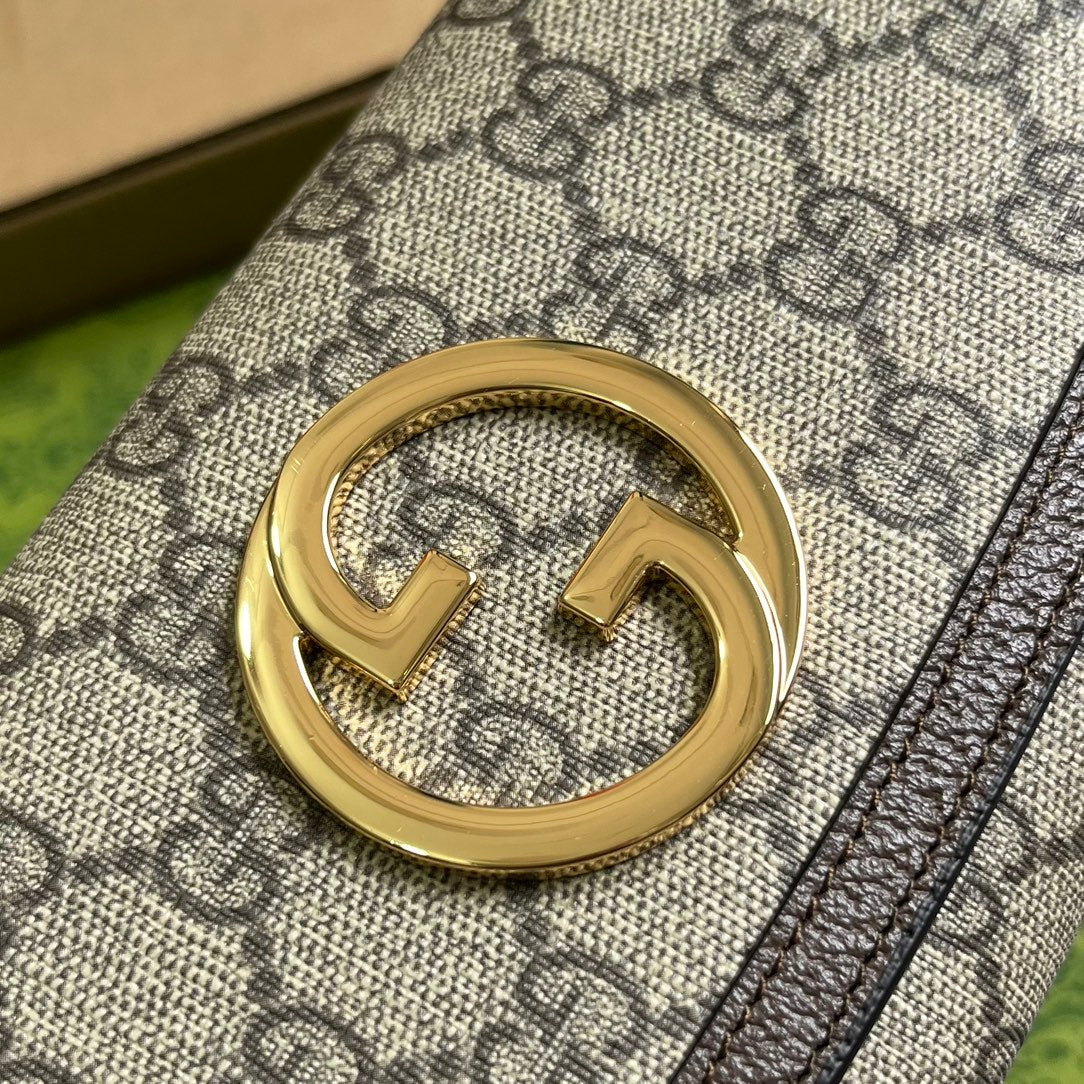 Gucci BLONDIE SHOULDER BAG 21 IN BEIGE MONOGRAM CANVAS AND DARK BROWN CALFSKIN TRIM GOLD HARDWARE