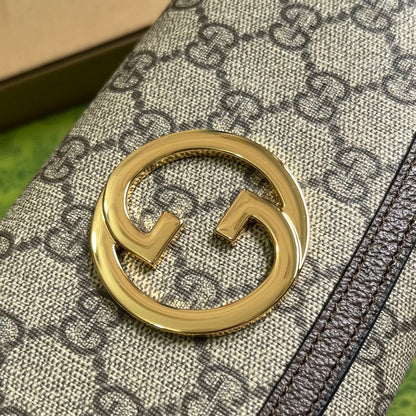 Gucci BLONDIE SHOULDER BAG 21 IN BEIGE MONOGRAM CANVAS AND DARK BROWN CALFSKIN TRIM GOLD HARDWARE