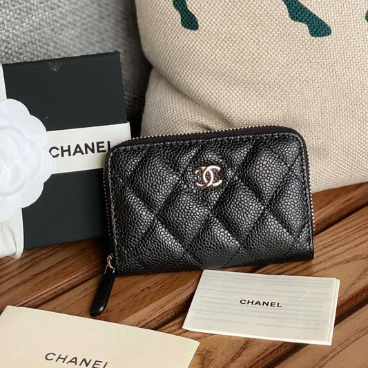 CHANEL zipped wallet 7.5cm black caviar silver hardware