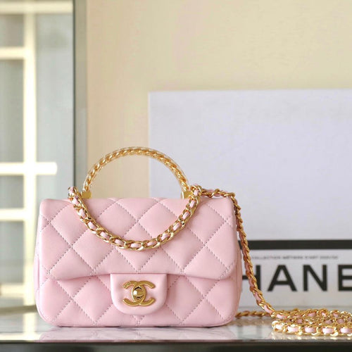 CHANEL 24s flap bag 19cm top handle pink lambskin gold hardware