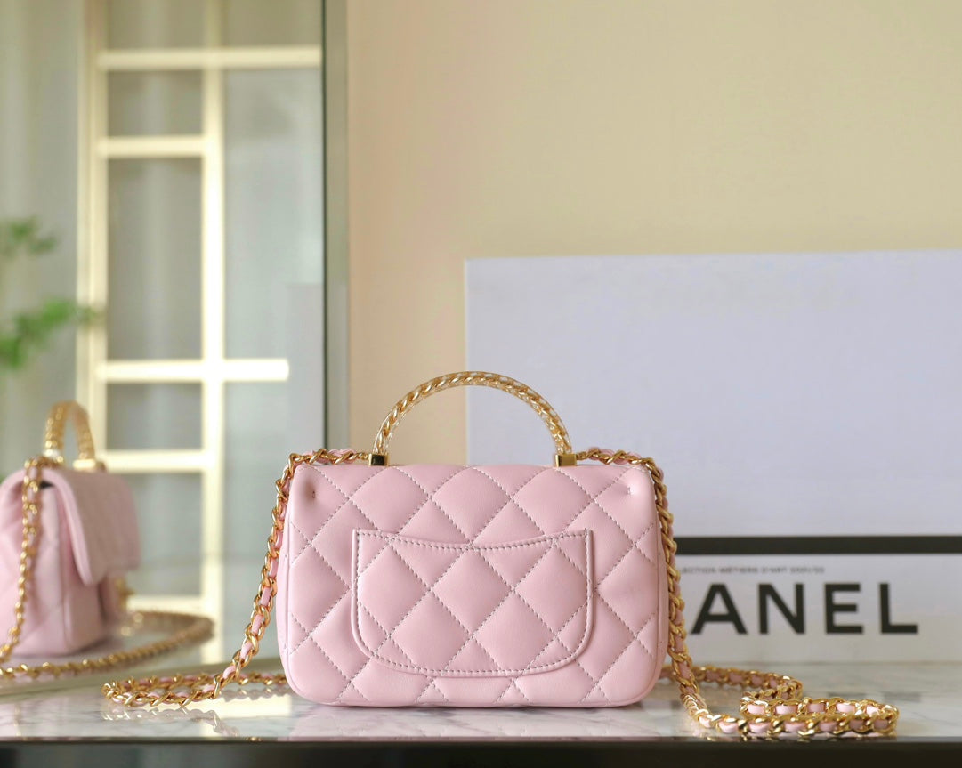 CHANEL 24s flap bag 19cm top handle pink lambskin gold hardware
