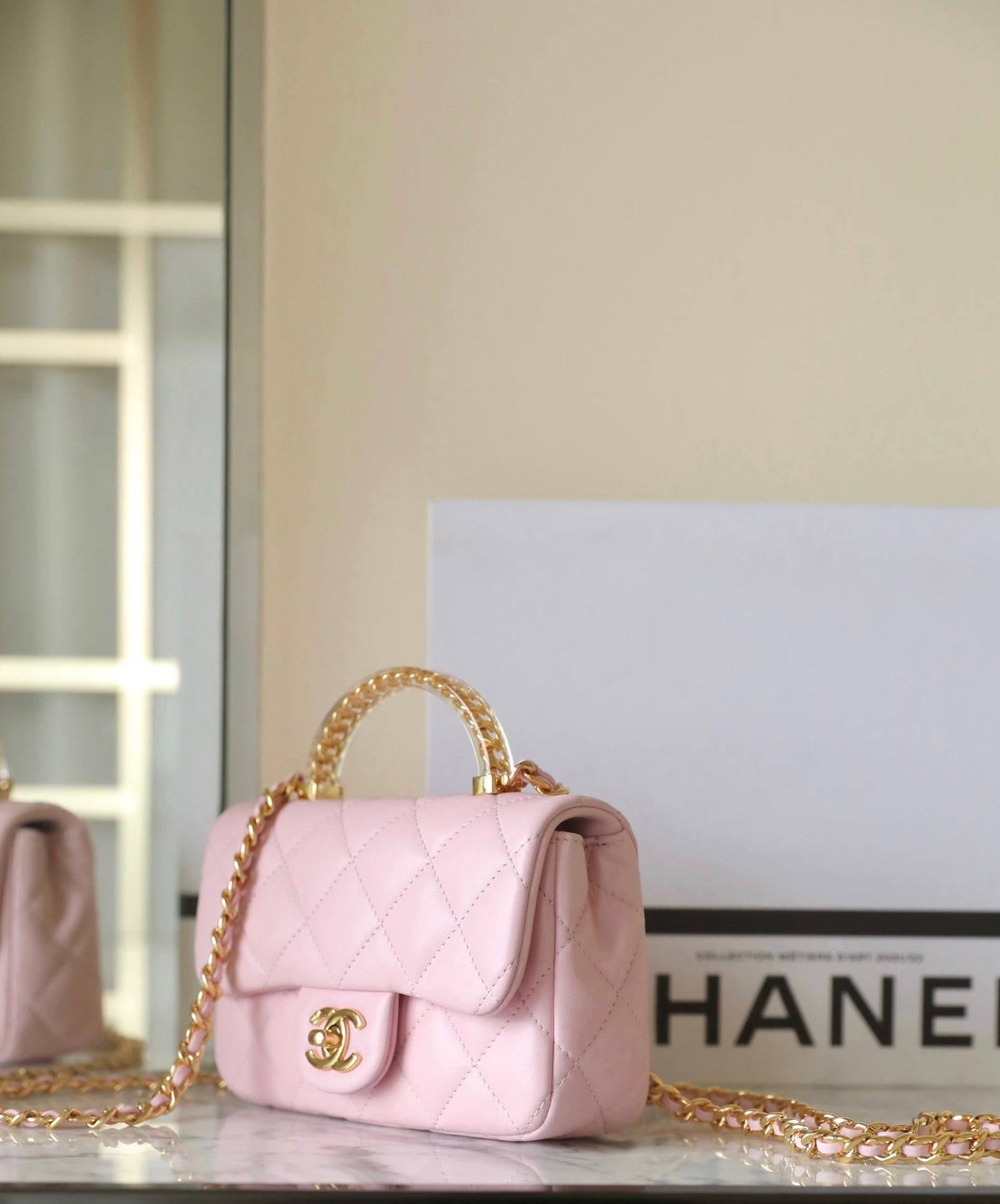 CHANEL 24s flap bag 19cm top handle pink lambskin gold hardware