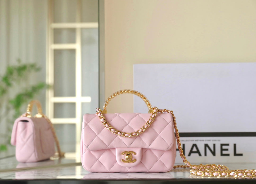 CHANEL 24s flap bag 19cm top handle pink lambskin gold hardware