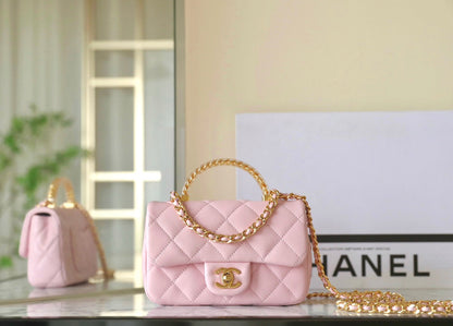 CHANEL 24s flap bag 19cm top handle pink lambskin gold hardware