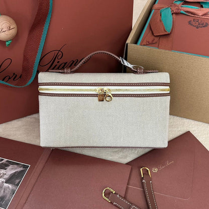 CHANEL Loro Extra Pocket L19cm Grey Canvas Burgundy Calfskin