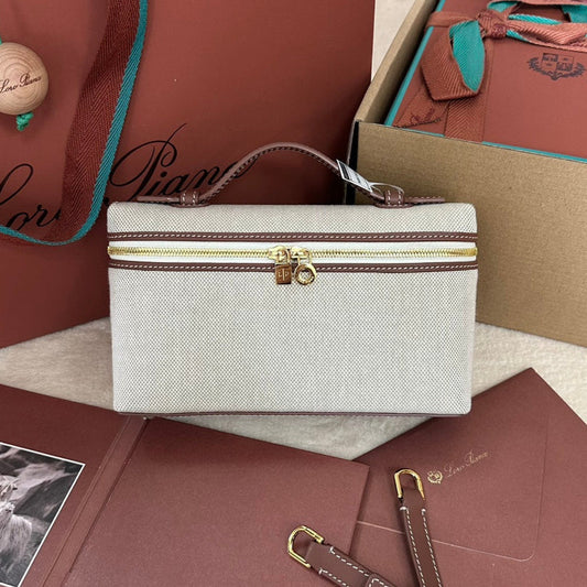 CHANEL Loro Extra Pocket L19cm Grey Canvas Burgundy Calfskin