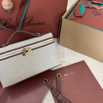 CHANEL Loro Extra Pocket L19cm Grey Canvas Burgundy Calfskin