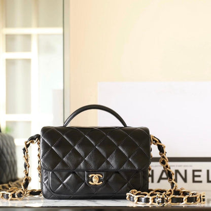CHANEL 24a flap bag 20cm top handle black  lambskin gold hardware