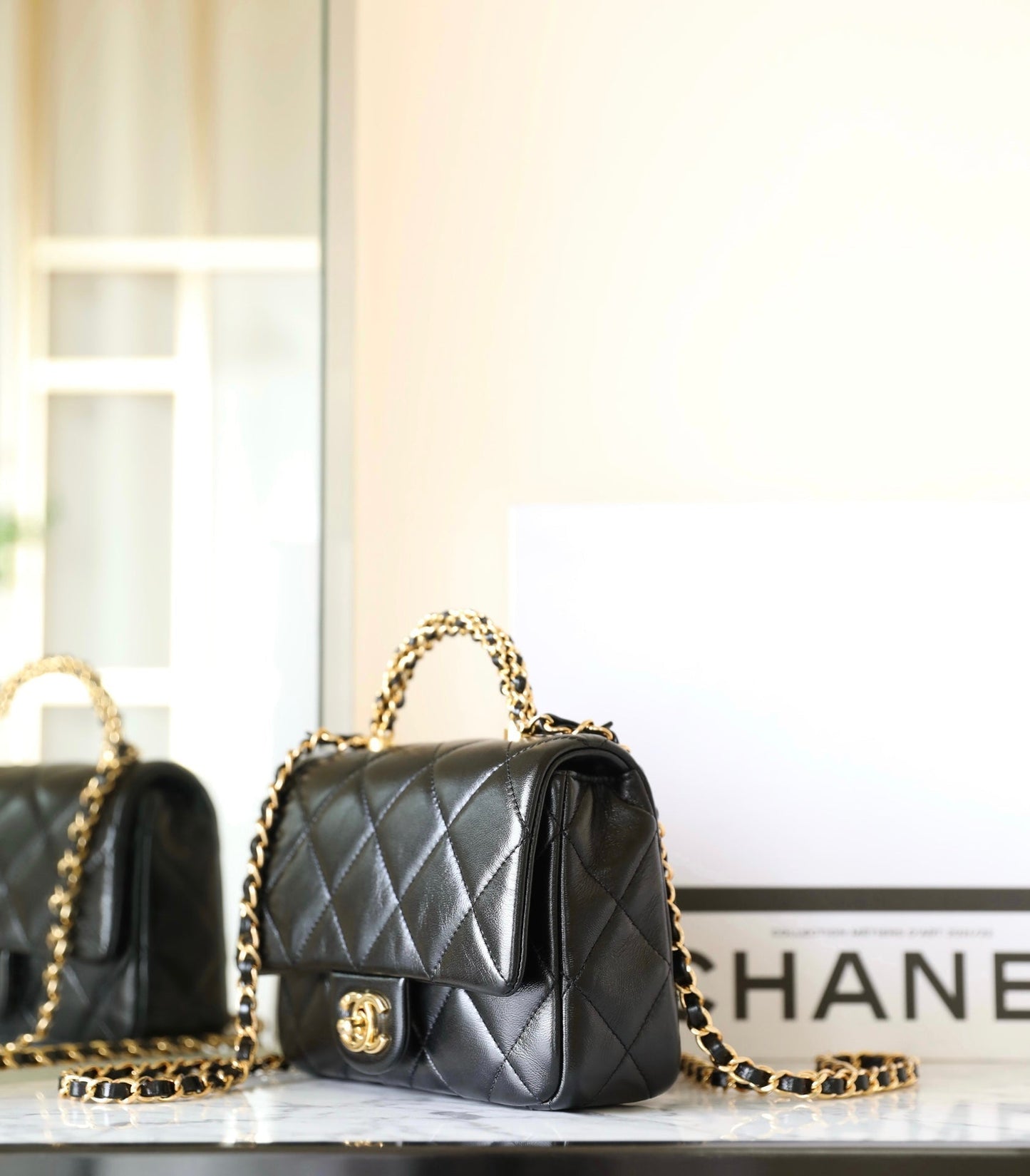 CHANEL 24B Mini Flap Bag With Top Handle 19cm Black Lambskin
