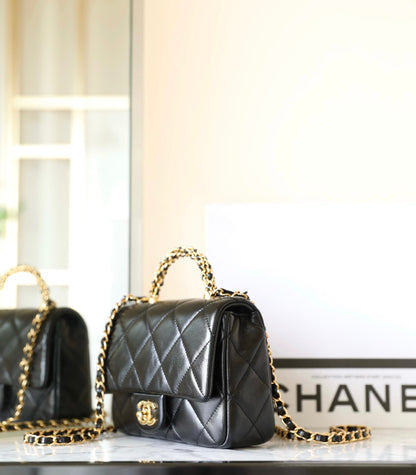 CHANEL 24B Mini Flap Bag With Top Handle 19cm Black Lambskin