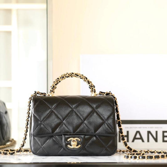 CHANEL 24B Mini Flap Bag With Top Handle 19cm Black Lambskin