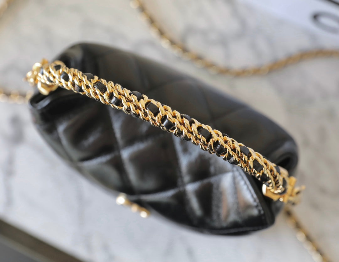 CHANEL 24B Cluth With Chain Black Lambskin Gold Hardware