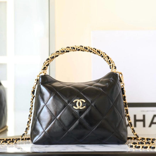CHANEL 24B Cluth With Chain Black Lambskin Gold Hardware