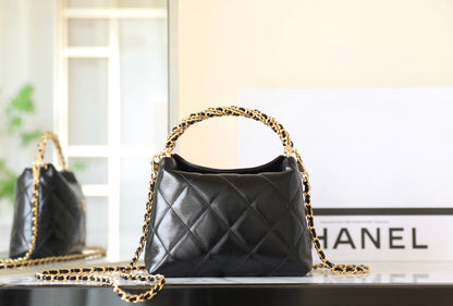 CHANEL 24B Cluth With Chain Black Lambskin Gold Hardware