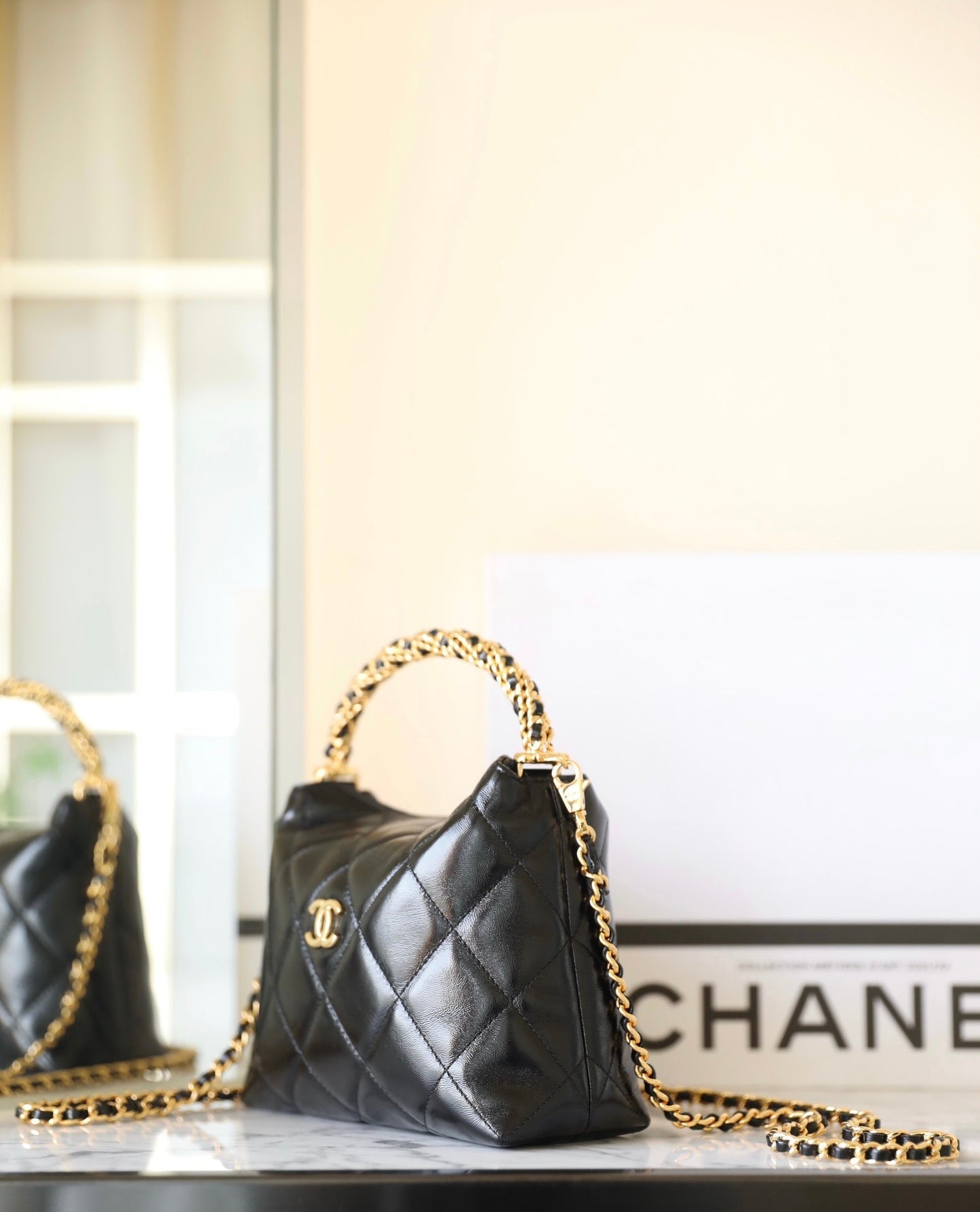 CHANEL 24B Cluth With Chain Black Lambskin Gold Hardware