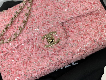 CHANEL 25C Flap Bag 20cm Pink Polka Dot Silver Sequin Calfskin