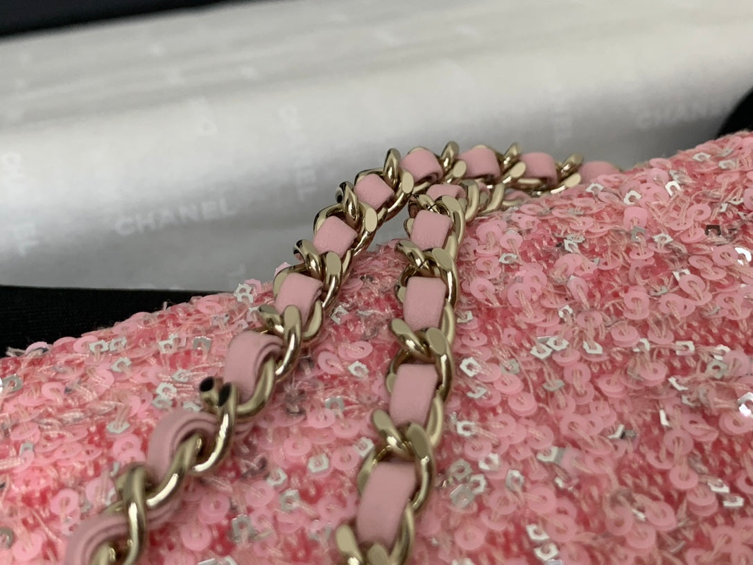 CHANEL 25C Flap Bag 20cm Pink Polka Dot Silver Sequin Calfskin