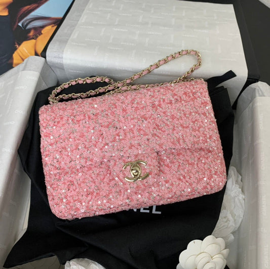 CHANEL 25C Flap Bag 20cm Pink Polka Dot Silver Sequin Calfskin