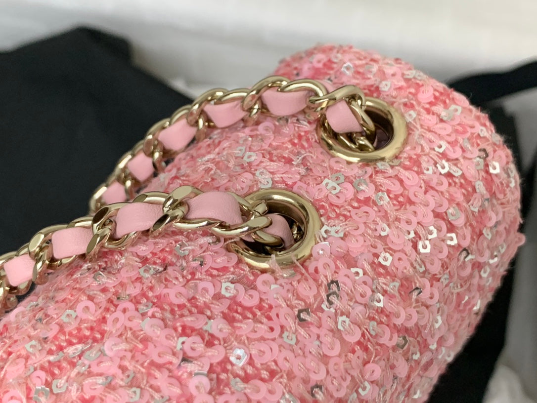 CHANEL 25C Flap Bag 20cm Pink Polka Dot Silver Sequin Calfskin