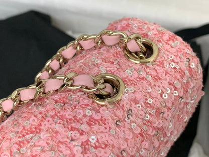 CHANEL 25C Flap Bag 20cm Pink Polka Dot Silver Sequin Calfskin