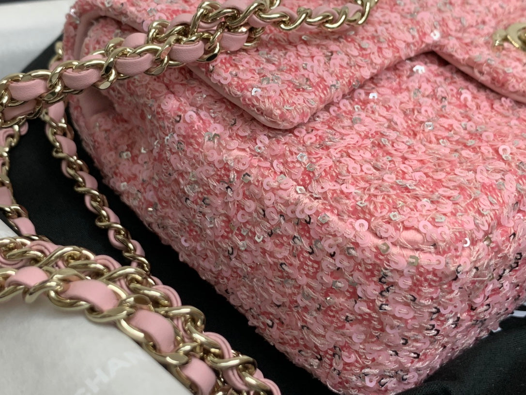 CHANEL 25C Flap Bag 20cm Pink Polka Dot Silver Sequin Calfskin