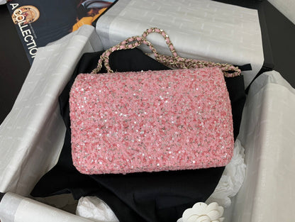 CHANEL 25C Flap Bag 20cm Pink Polka Dot Silver Sequin Calfskin