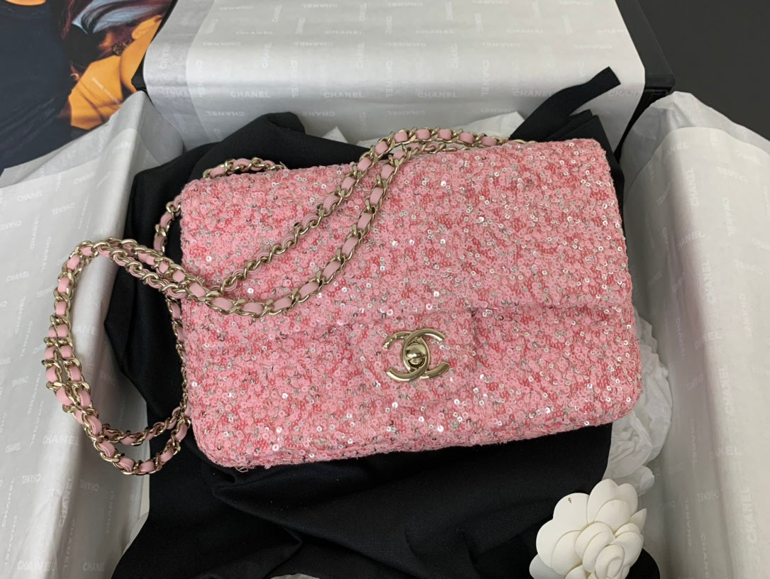 CHANEL 25C Flap Bag 20cm Pink Polka Dot Silver Sequin Calfskin